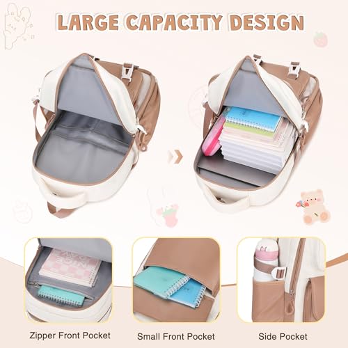 DIGOBAY 3PCS Girls Backpack for School, Kids Backpack for Girls with Lunch Box Pencil Case Set for Teen Girl Elementary Primary Middle High College School Bookbag with Cute Pins (Khaki) - color: Khaki