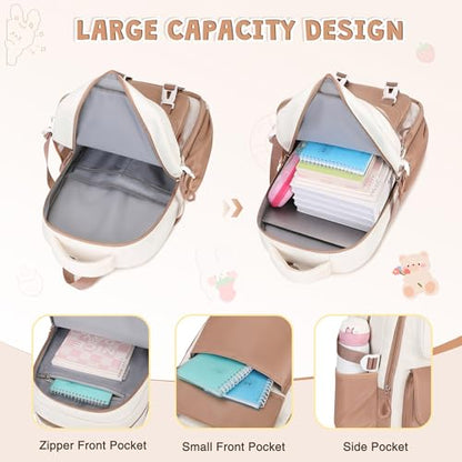 DIGOBAY 3PCS Girls Backpack for School, Kids Backpack for Girls with Lunch Box Pencil Case Set for Teen Girl Elementary Primary Middle High College School Bookbag with Cute Pins (Khaki) - color: Khaki