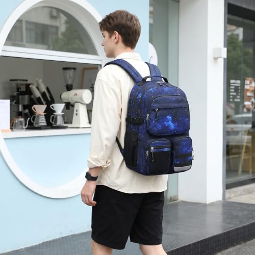 Lohol Water Resistant Backpack with Multifunctional Pockets for Teens, Durable Bookbag fits 15.6 inch Laptop for School Travel College, 25L (Black Blue Galaxy) - color: Black Blue Galaxy
