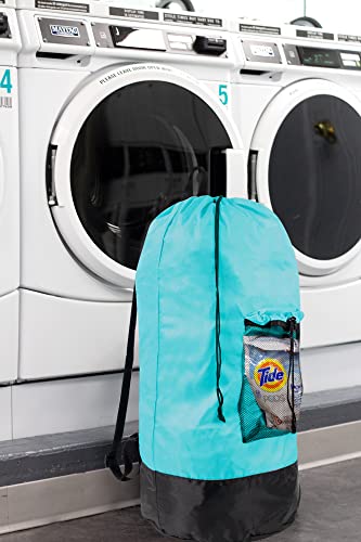 Turquoise Laundry Backpack with Mesh Pocket, Adjustable Straps and Drawstring Closure - Large Portable Hamper for College, Apartment and Laundromat - color: Turquoise