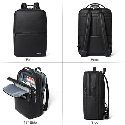 Shrrie Vegan Leather Laptop Backpack for Women&Men,16 Inch Expandable Backpack with USB Charging Port,Two-toned Black - color: Two-toned Black