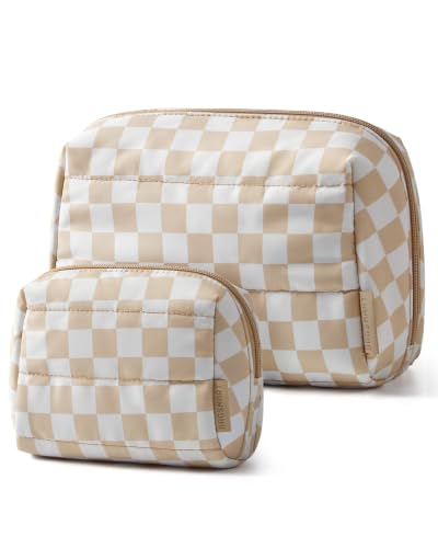 BAGSMART Puffy Padded Travel Makeup Bag Duo Large & Small for Women - color: Checkred Khaki, size: Large+Small