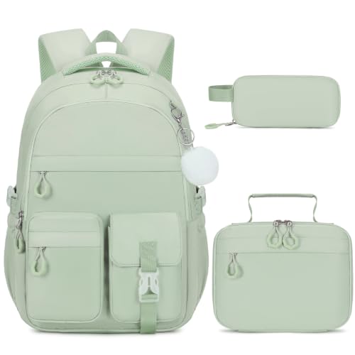 DIGOBAY 3PCS Girls Backpack for School, Kids Backpack for Girls with Lunch Bag Pencil Case, Kids Bookbag Teen Girl Backpacks for Elementary Middle High College School (Gray-green) - color: Gray-green