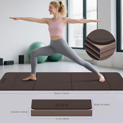 HAHE 7-Fold Design Extra Thick Yoga Mat 72"L x 24"W x 0.47",TPE Fitness Exercise Mats, Non-Slip Foldable Yoga Mat, High Density, Portable for Men & Women, Yoga, Pilates, Home Gym - color: Brown & Beige