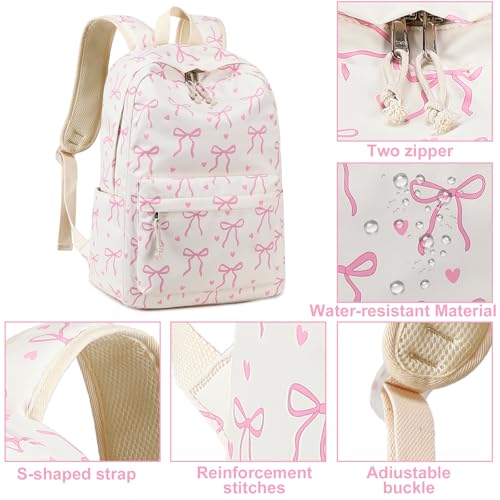 LEDAOU School Backpack for Teen Girls - 15.6 Inch Laptop Backpack, Cute Bow Aesthetic Bookbag, Lightweight Water Resistant Daypack for Middle High School, College and Travel - color: A-pink Bow Tie