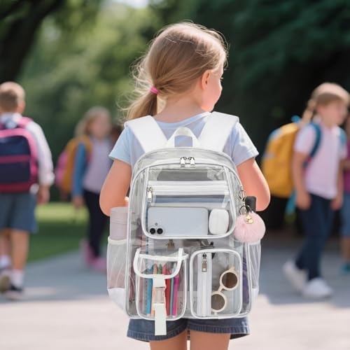 Clear Backpacks for Girls Women, Heavy Duty PVC Transparent School Bookbag See Through Back Pack for College Work Travel (White) - color: White