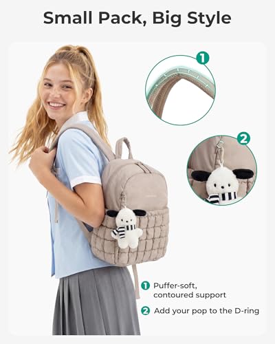 BAGSMART Mini Backpacks for Women, Puffy Checkered Quilted Small Backpack with Pouch, Lightweight Daypack Purse, Water-Resistant Bookbag for Daily Travel College, 2-in-1 Set, Brown - color: Latte Brown