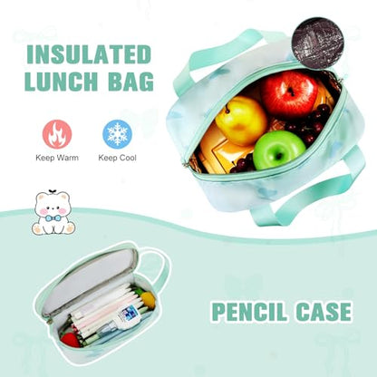 Bevalsa Backpack for Girls 3PCS Teen Girls Backpack for School with Lunch Bag Pencil Case Green Cute Kids Laptop Backpacks Bookbag for Elementary Middle High School College Student (Butterfly) - color: Green Butterfly