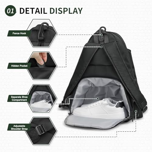 Tennis Backpack for Rackets, Waterproof Tennis Bag with Shoe Compartment, Wet/Dry Pocket, Fence Hook, for Tennis, Pickleball, Badminton - color: Black