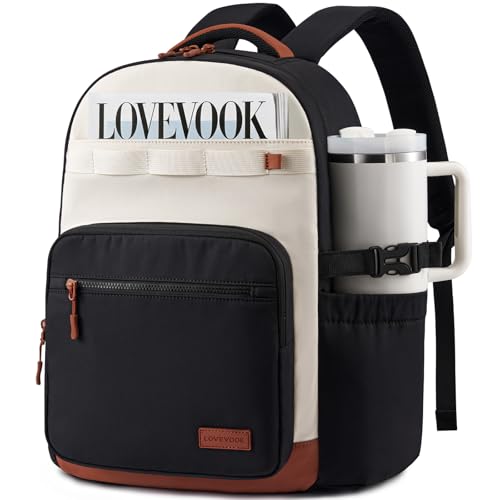 LOVEVOOK Laptop Backpack for Women with 40oz Tumbler Holder, Lightweight School Backpack Fits 15.6 Inch Laptop, Cute College Backpack for Work, Travel & Daily Commute - color: Black/White /Brown, size: 15.6 Inch