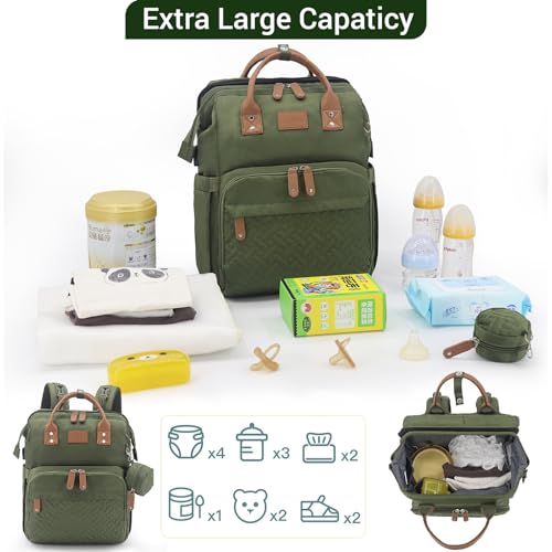JOLLITO Diaper Bag Backpack with Changing Station Large Capacity Multifunction Baby Bags for Boy Girl Travel For Moms Dads Baby Registry Search Essentials Shower Gifts - color: Green