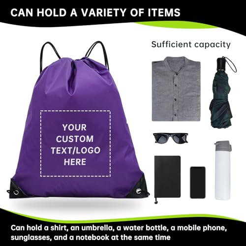 JEOHLORY pack of 50 Custom Bags With Your Logo,Drawstring Backpacks Bulk String Bag,Great for Travelling, Gym and for Everyday Use (Custom Purple) - color: Custom Purple