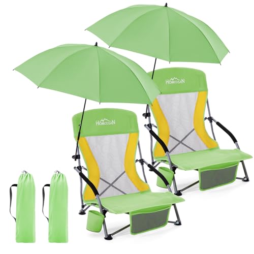 Homcosan Portable Low Folding Beach Chairs Set of 2 with Detachable Umbrellas - Lightweight Camping Chairs for Adults with Cup Holder & Storage Pockets, Carry Bag Included (Green & Yellow) - color: Green & Yellow, size: 2 Packs, style: chair with umbrella