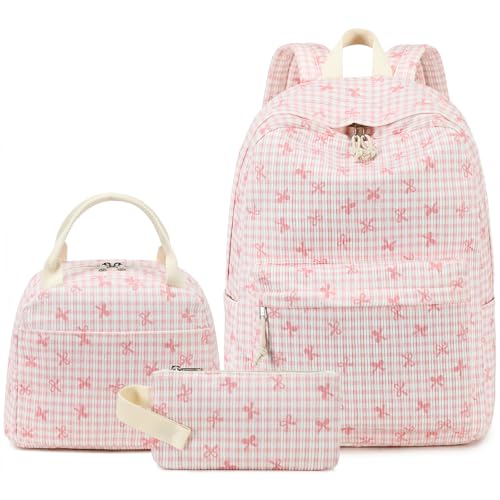 LEDAOU Kids Backpack for Girls Backpacks with Lunch Box, Lightweight Bookbag Set Elementary Middle School Back pack for 8-14 - color: Pink Bow Checkered