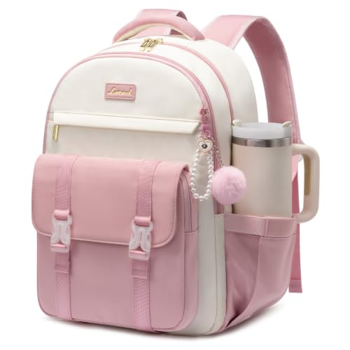 LOVEVOOK School Backpack for Teen Girls, Cute Student Backpack Purse Kid Bookbag for 8-17 Teenage, Back to School Backpacks Fit 15.6 Inch Laptop, College Travel Bag with Large Water Bottle Holder - color: Beige-pink, size: 15.6 Inch