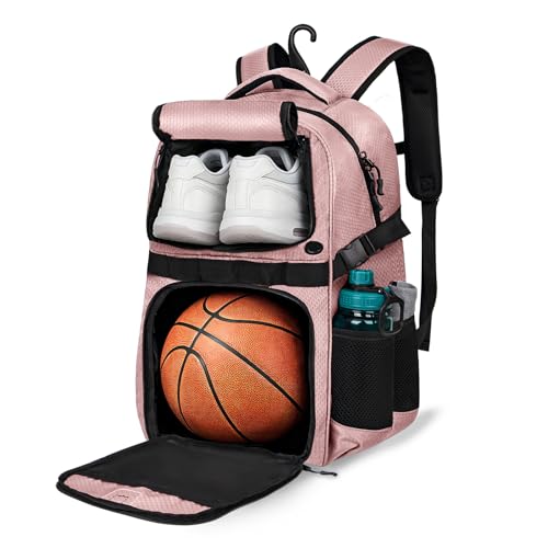 Basketball Backpack with Separate Ball & Ventilated Shoe Compartment, Sports Bag with Hook for Men Women Teens Training Travel - color: Flesh Pink