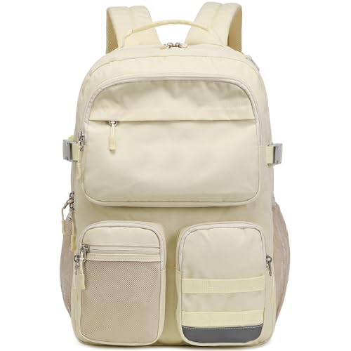 Big Student Backpack for Teen Girls Boys, Water Resistant Multi Pockets Daypack with 15.6 Inch Laptop pocket for Travel School College (Beige) - color: Beige