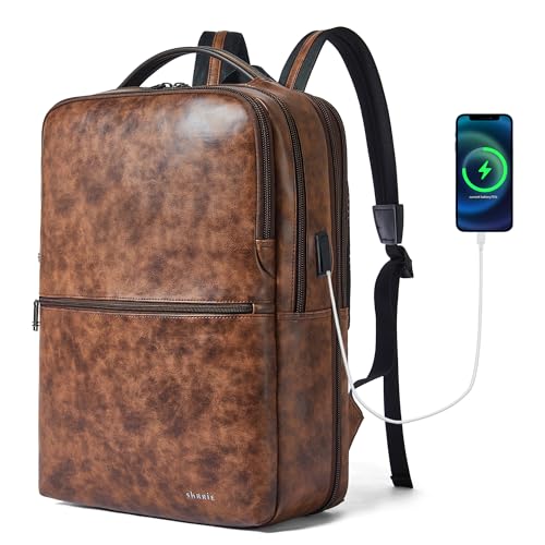 Shrrie Vegan Leather Laptop Backpack for Women&Men,16 Inch Expandable Backpack with USB Charging Port,Two-toned Brown - color: Two-toned Brown