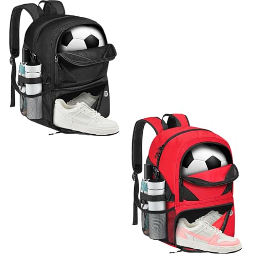 Soccer Bag, Lightweight Soccer backpack with Ball Compartment & Shoe Compartment for Basketball Volleyball & Football, Large and Water Resistant Sports Backpack for Son Daughter Men Women Black & Red