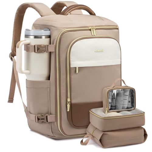 LOVEVOOK 50L Travel Backpack for Women, TSA Approved Carry On Backpack with 3 Packing Cubes, Personal Item Bag Fits 17" Laptop, Water-resistant Carry On Bag for Airplanes - color: Beige & Khaki, size: 50L-4PCS