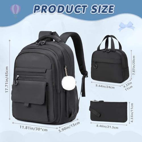 GeeWin Backpacks for Girls, Girls Backpack with Lunch Box & Pencil Case Set, 17 Inch Waterproof Girl Bookbag with Lots of Pockets for Kids, Teens, Elementary Middle High College School Student(Black) - color: Black