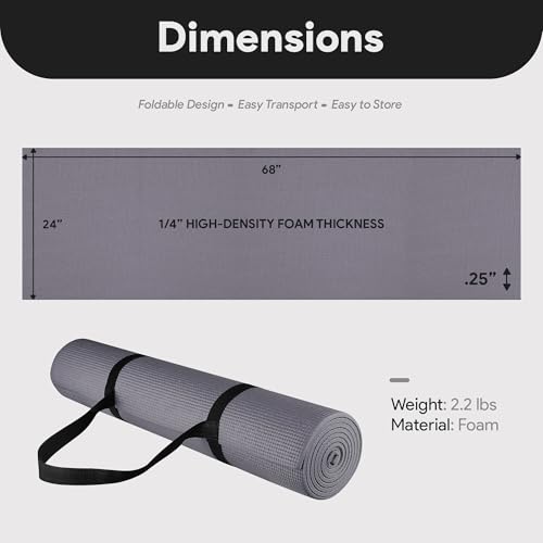 Fitvids All Purpose 1/4-Inch High Density Anti-Tear Exercise Yoga Mat with Carrying Strap, Multiple Colors - color: Gray