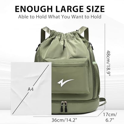 Sport Drawstring Backpack, Gym Bag with Mesh Side Pockets and Separate Shoe Compartment, Water-Resistant (Army-Green) - color: Army-green