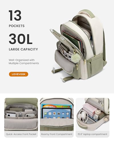 LOVEVOOK School Backpack for Teen Girls, Cute Student Backpack Purse Kid Bookbag for 14-16 Teenage, Back to School Backpacks Fit 15.6 Inch Laptop, Large College Travel Bag, Beige-Pink