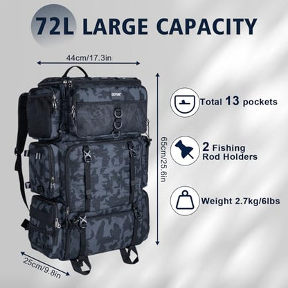 Goture Fishing Backpack with Cooler,72L Large 600D Tackle Backpack with Rod Holders,Dry & Wet Split Compartment,Adjustable Main Compartment,Rain Cover,Insulated Tactical Bag for Travel Camping Hiking - color: Camo (Only Bag, Without Tackle Box)