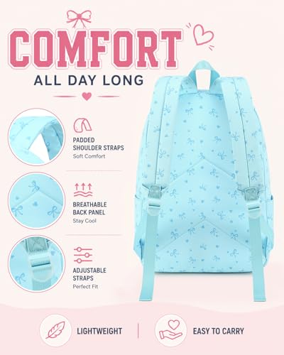 CAMTOP Girls Backpack with Lunch Box Set, Cute Bow School Backpack for Kids, 3-in-1 Lightweight Lunch Bag and Pencil Pouch - color: Blue Heart Bow