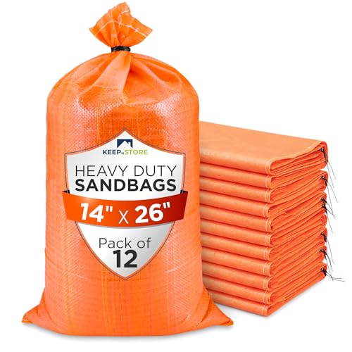 Heavy Duty Sand Bags Pack of 12, Bright Orange Empty Sandbags with Built-In Ties, Woven Polypropylene UV Protection 1600 Hours, Fillable Bags for Flood Control, Weight, 14x26 inches, 50 Pounds Volume - size: 14"W x 26"L, style: Pack of 12