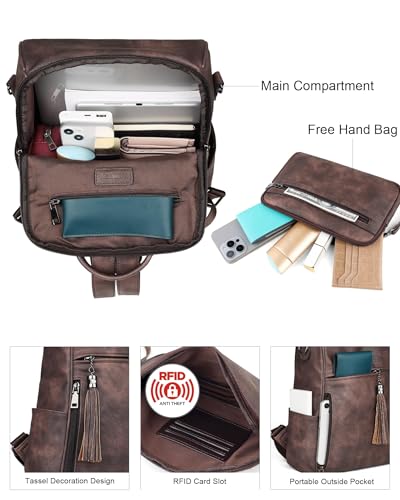 FADEON Womens Backpack Purse Large Designer PU Leather Laptop Backpacks, Ladies Computer Shoulder Bags (3 Coffee Brown Retro Style, Medium (14-in Height)) - color: 3 Coffee Brown Retro Style, size: Medium (14-in Height)