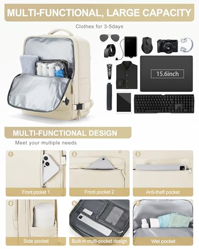 winspansy Travel Backpack for Women Men Essentials Carry on Luggage Flight Approved Personal Item Travel Bag Work Laptop Backpack Waterproof Weekender Bags for Women Mochila de Viaje Beige - color: C1-beige-no Vacuum Bag