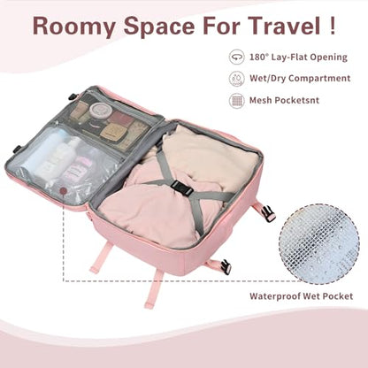 Carry On Backpack for Women & Men – Airline Approved Underseat Size, 15.6" Laptop Compartment, TSA-Friendly 180° Opening, Anti-Theft Business Travel Backpack with Trolley Sleeve (Pink, Large) - color: Pink, size: Large