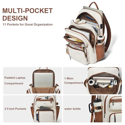 Vegan Leather Backpack, TSA Travel Backpack for Men and Women, Fits 17.0 Inch Laptop with Luggage Strap, Beige - color: Beige