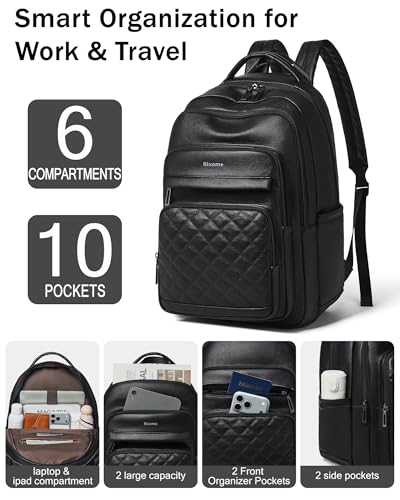 Bluome Work Backpack for Women Men, Laptop Vegan Leather Backpack Purse with 15.6–17 Inch Laptop, Multi-Pocket Bookbag for Office Travel Gym Weekend Overnight Bag, Black - color: Black