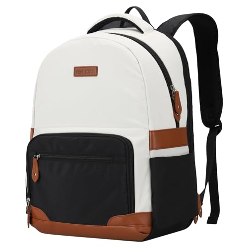 RealCool 15.6-17.3" Laptop Backpack, 31L Water Resistant Travel Bag | Independent frame opening, lightweight ,multi-compartments, ergonomic padded straps, luggage belt, for School,Business Trip - color: Beige-black