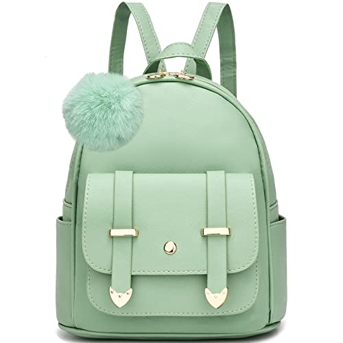 I IHAYNER Girls Fashion Backpack Mini Backpack Purse for Women Teenage Girls Purses PU Leather Pompom Backpack Shoulder Bag - color: Green