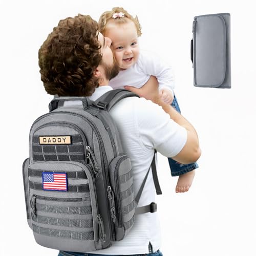 SHARKMOUTH Diaper Bag with Changing Pad - Large Military Baby Diaper Backpack for Hiking Travel Camping - Army Style for Men Active Dad Gray - color: Gray W/ Changing Pad