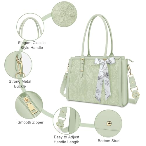 MOSISO Laptop Bag for Women, 17-17.3 inch PU Leather Tote Bag Compatible with MacBook, HP, Dell, Asus Notebook, Front Embossed Retro Hibiscus Computer Bags with Silk Scarf&Clutch Purse, Sage Green - color: Sage Green, size: 17.3 inch
