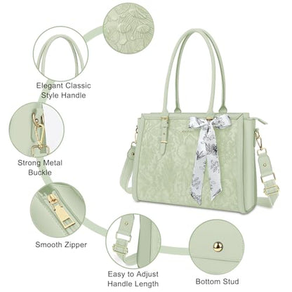 MOSISO Laptop Bag for Women, 17-17.3 inch PU Leather Tote Bag Compatible with MacBook, HP, Dell, Asus Notebook, Front Embossed Retro Hibiscus Computer Bags with Silk Scarf&Clutch Purse, Sage Green - color: Sage Green, size: 17.3 inch