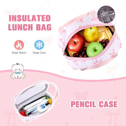 Bevalsa Backpack for Girls 3PCS Teen Girls Pink Bow Backpack for School with Lunch Bag Pencil Case Cute Kids Laptop Backpacks Bookbag for Elementary Middle High School College Student (Bow) - color: Pink Bow
