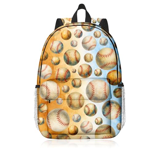 Baseball Backpack for Kids & Youth, 16 Inch Tennis-Themed School Bookbag, Lightweight Polyester Daypack with Front Zip Pocket, Side Bottle Pocket, Padded Adjustable Straps, Unisex - color: Baseball