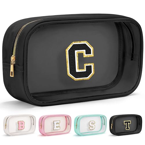 YOOLIFE Travel Clear Makeup Bag Toiletry Bag, Make up Bag Waterproof Toiletry Bags for Women Cosmetic Bag Birthday Gifts for Women Personalized Mother Girlfriend Wife Bridesmaid Gifts Black Letter C - color: Large-Black, style: C