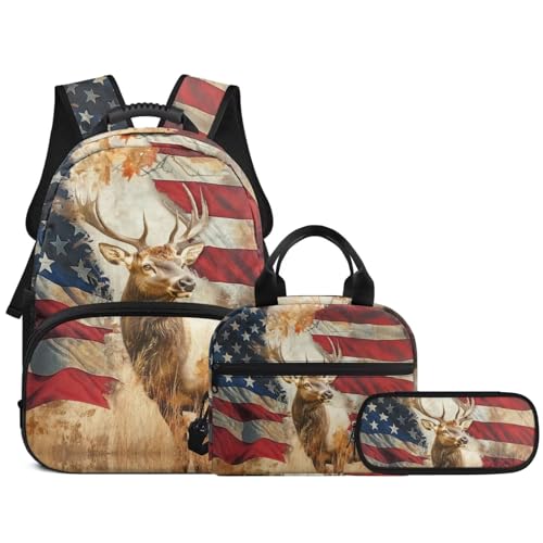 3 in 1 School Backpack, 3PCS American Flag Elk Kids Bookbag Set Large Capacity 17 Inch Student Backpack with Lunch Box and Pencil Case - color: American Flag Elk