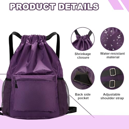 Tygelluis Drawstring Backpack, Waterproof Gym Bag with Water Bottle Pocket for Women Men, Pull String Sport Bag for Swim, Soccer and Basketball,Purple - color: Purple1
