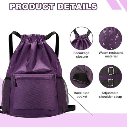 Tygelluis Drawstring Backpack, Waterproof Gym Bag with Water Bottle Pocket for Women Men, Pull String Sport Bag for Swim, Soccer and Basketball,Purple - color: Purple1