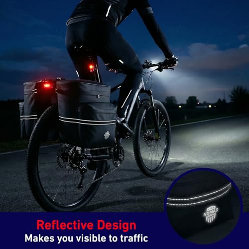 Nomad USA 34L Bicycle Saddlebags Pair XL 2-in-1 Bike Panniers Converts to Backpack Carry Bag Reflective Everyday Scooters Commuters Bike Rear Rack Bag w/Rain Cover for Students,City,Road,Mountains