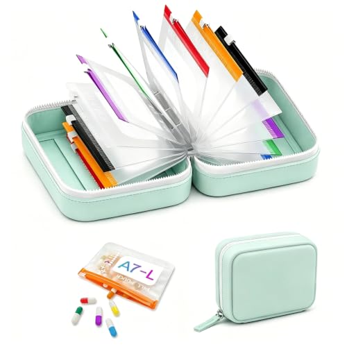 Waterproof Pill Organizer Set, Waterproof Pill Pouch Set, Large Pill Storage with 14 Color-Coded Pouches and Zipper, Reusable Travel Medicine Organizer for Vitamins Supplements Fish Oils (Green) - color: Green