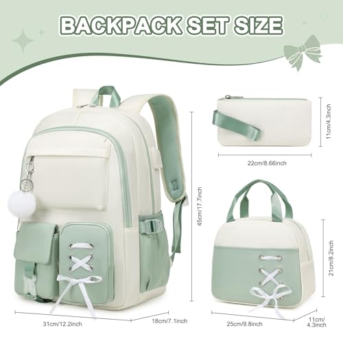 Scothen Backpacks for Girls, Girls Backpack with Lunch Box & Pencil Pouch for Teens Girl Kids Elementary Middle High School College Student Bookbag Daypack Laptop Travel Backpack for Women - color: Beige Green
